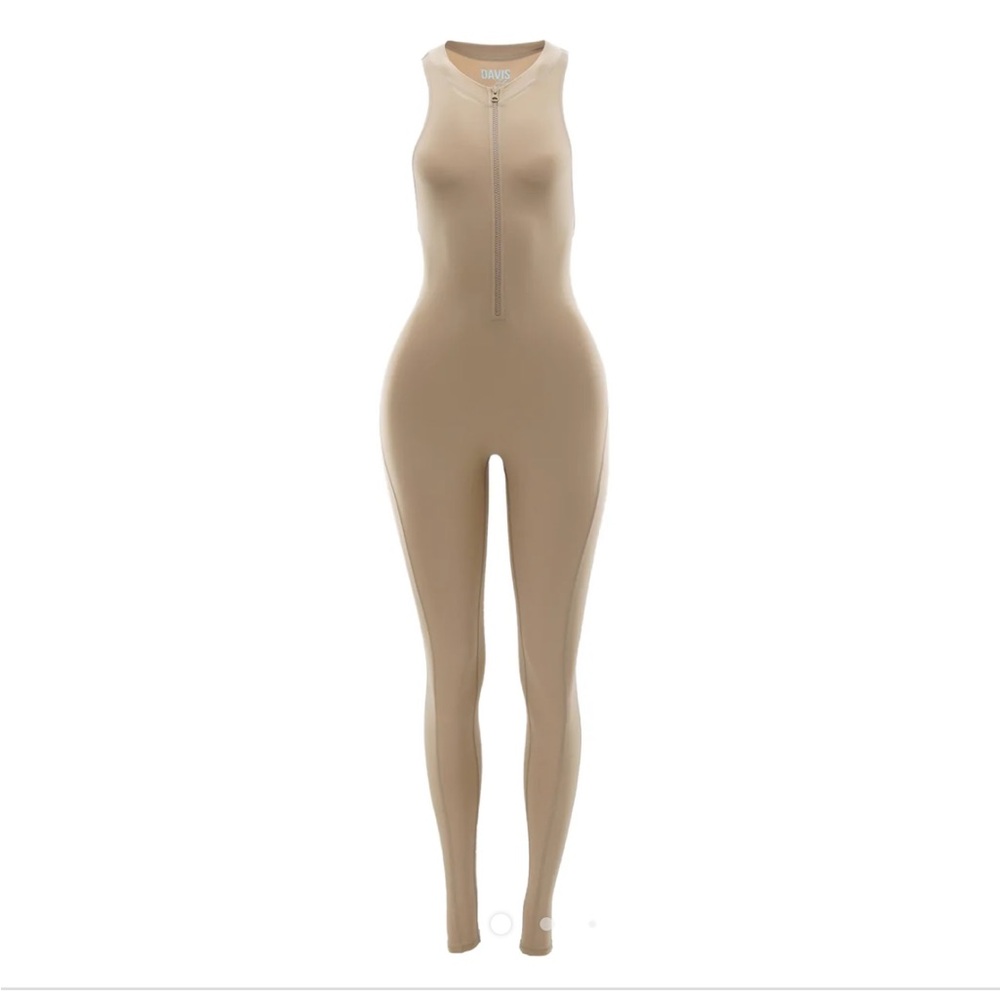 Davis Active Zip front Jumpsuit Racer back long pants body shapewear taupe NWT